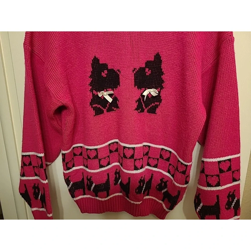 80s Vintage Hot Pink Scottish Terrier Sweater With Hearts And Bows -‎ Hot Fudge